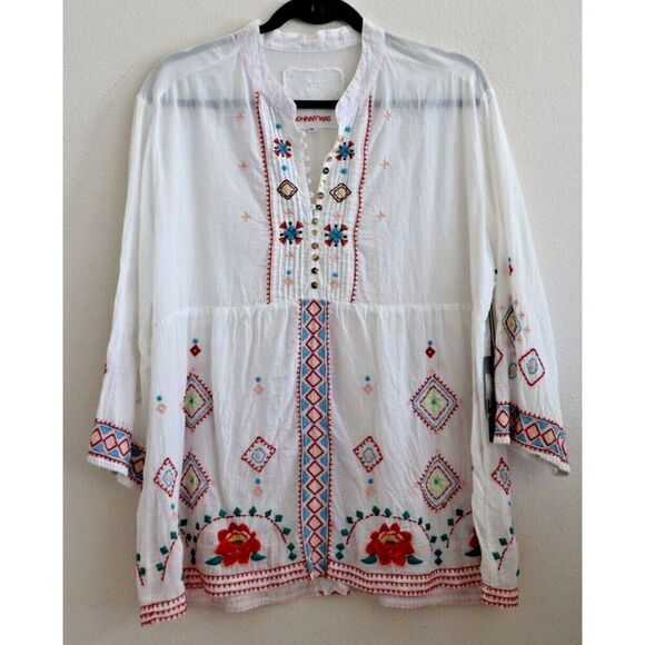 Johnny Was Women's Sz Large White 3J Workshop Embroidered Tunic Top - Picture 1 of 12